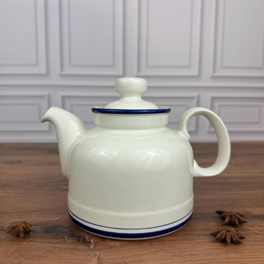 Vintage Kilkenny "Made in Ireland" White Stoneware Teapot 1970's Blue Banded
